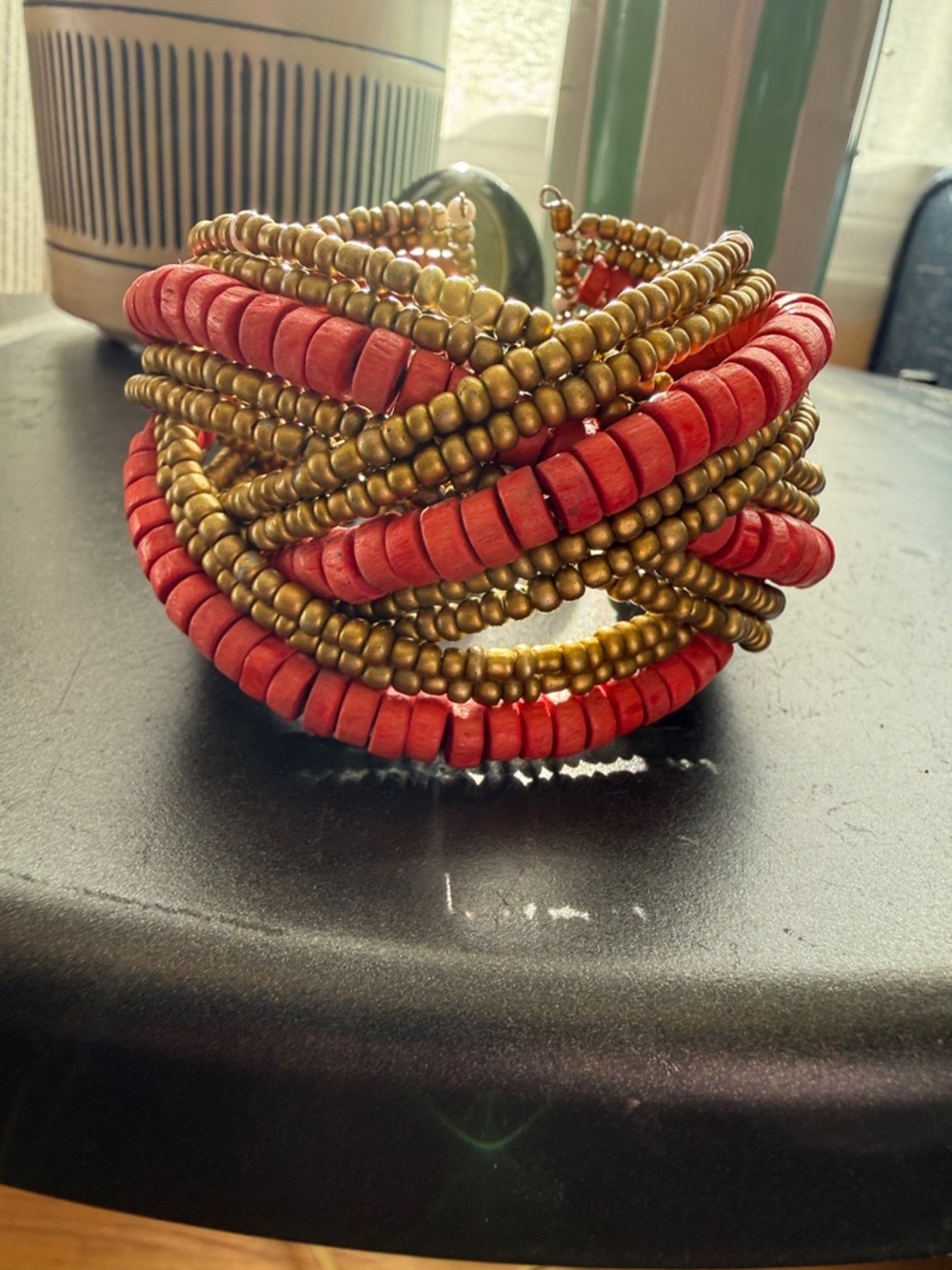 Red Wood and Gold Multi-Strand Beaded Cuff Bracelet